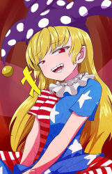 Rule 34 | 1girl, absurdres, american flag dress, american flag pants, blonde hair, breasts, brown background, clownpiece, dress, fairy wings, hat, highres, jester cap, kirisame-nununu, long hair, looking at viewer, medium breasts, neck ruff, no shoes, open mouth, pants, pantyhose, polka dot, purple hat, red background, red eyes, sharp teeth, short sleeves, sitting, smile, solo, star (symbol), star print, striped clothes, striped dress, striped pants, teeth, tongue, touhou, wings