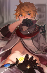 Rule 34 | 2boys, black gloves, blue eyes, blurry, blurry background, blush, clothes pull, covering own mouth, earrings, genshin impact, gloves, hand over own mouth, jacket, jewelry, male focus, multiple boys, namae (areees), nose blush, orange hair, pants, pants pull, pubic tattoo, red scarf, scarf, single earring, solo focus, tartaglia (genshin impact), tattoo, vision (genshin impact), yaoi, zhongli (genshin impact)