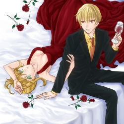 Rule 34 | 10s, 1boy, 1girl, alcohol, auoyoi, blonde hair, breasts, cleavage, cup, dress, drinking glass, fate/extra, fate/stay night, fate (series), flower, formal, gilgamesh (fate), green eyes, hair ribbon, jewelry, medium breasts, necklace, necktie, nero claudius (fate), nero claudius (fate), nero claudius (fate/extra), on bed, red dress, red eyes, red flower, red rose, ribbon, rose, suit, wine, wine glass