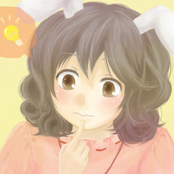 Rule 34 | 1girl, animal ears, aoi0317, black hair, blush, brown hair, rabbit ears, close-up, female focus, finger to face, inaba tewi, light bulb, lowres, portrait, short hair, solo, touhou, yellow background