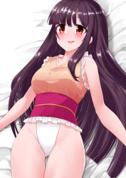 Rule 34 | 1girl, :d, bed, bed sheet, black hair, commission, frills, harry (namayake), highres, houraisan kaguya, long hair, looking at viewer, lying, on back, open mouth, pink hair, pixiv commission, singlet, smile, solo, touhou, touhou tag dream, wrestling outfit