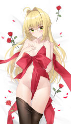 Rule 34 | 1girl, absurdres, ahoge, blonde hair, blush, breasts, brown pantyhose, cleavage, clothes pull, collarbone, fate/extra, fate (series), flower, green eyes, hair intakes, highres, large breasts, long hair, looking at viewer, naked ribbon, nero claudius (fate), nero claudius (fate) (all), nero claudius (fate/extra), pantyhose, pantyhose pull, red ribbon, ribbon, rose, shenqi xiao hong zai nali, smile, solo