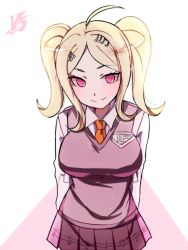 Rule 34 | 1girl, ahoge, akamatsu kaede, alternate hairstyle, arms behind back, beamed eighth notes, blonde hair, blush, breasts, commentary, danganronpa (series), danganronpa v3: killing harmony, eighth note, english commentary, fortissimo, hair ornament, highres, huyandere, long hair, looking at viewer, musical note, musical note hair ornament, necktie, pleated skirt, purple eyes, school uniform, shirt, simple background, skirt, smile, solo, sweater vest, twintails