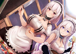 Rule 34 | 2girls, anchor choker, apron, azur lane, belfast (azur lane), blue eyes, blush, braid, breasts, chain, choker, cleavage, collar, collarbone, commentary request, elbow gloves, fingerless gloves, french braid, frilled apron, frilled choker, frilled gloves, frills, gloves, hair between eyes, hairband, holding, holding knife, indoors, kanzaki kureha, kitchen, kitchen knife, knife, lace-trimmed hairband, lace trim, large breasts, long hair, looking at another, looking at viewer, maid, maid apron, maid headdress, multiple girls, parted lips, puffy sleeves, red eyes, short hair, short sleeves, side braid, sidelocks, sirius (azur lane), smile, waist apron, white apron, white gloves, white hair