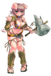 Rule 34 | 1girl, animal ears, asymmetrical clothes, asymmetrical top, asymmetrical underboob, bad id, bad pixiv id, belt bra, blush, breasts, cleavage, collar, curvy, female orc, hammer, kenkou cross, knees together feet apart, large breasts, looking at viewer, monster girl, monster girl encyclopedia, official art, orc, orc (monster girl encyclopedia), pig, pig ears, pig girl, pig tail, revealing clothes, short hair, sideboob, simple background, solo, tail, underboob, weapon, white background