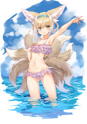 Rule 34 | 1girl, absurdres, animal ears, arknights, armpits, bikini, blonde hair, blue hairband, blush, brown tail, chinese commentary, closed mouth, collarbone, commentary request, cowboy shot, day, dayufuzhimeng, eyes visible through hair, frilled bikini, frills, green eyes, grey tail, groin, hair between eyes, hair rings, hairband, hand on own hip, heart, heart-shaped pupils, highres, looking at viewer, multicolored hair, multiple tails, navel, outdoors, outstretched arm, petite, pink bikini, smile, solo, standing, streaked hair, suzuran (arknights), swimsuit, symbol-shaped pupils, tail, wading, white hair