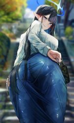 Rule 34 | 1girl, absurdres, alternate costume, ass, black bag, black hair, blue archive, blue eyes, blue halo, blue skirt, blurry, blurry background, blush, breasts, day, from behind, halo, highres, large breasts, long hair, long sleeves, looking at viewer, looking back, nicky w, outdoors, parted lips, pointy ears, rin (blue archive), shirt, skirt, wet, wet clothes, white shirt