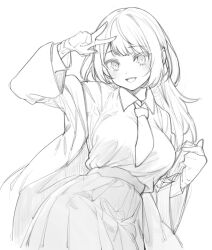Rule 34 | 1girl, breasts, collared shirt, greyscale, hair behind ear, highres, jacket, leaning to the side, long hair, looking at viewer, medium breasts, monochrome, necktie, nosir onadat, open mouth, original, pleated skirt, shirt, shirt tucked in, skirt, solo, v