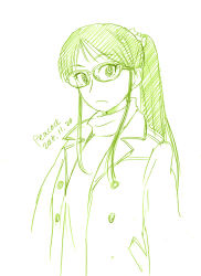 Rule 34 | 1girl, black hair, closed mouth, coat, commentary request, glasses, graphite (medium), hair ornament, koiwai koharuko, long hair, looking at viewer, monochrome, peacock (p-location), ponytail, scrunchie, signature, simple background, sketch, solo, sweater, traditional media, turtleneck, turtleneck sweater, upper body, white background, yotsubato!