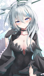 Rule 34 | 1girl, absurdres, animal ear fluff, animal ears, black choker, black dress, black gloves, blue archive, blue eyes, blush, breasts, choker, cleavage, closed mouth, commentary request, cross hair ornament, dress, gloves, grey hair, hair between eyes, hair ornament, halo, hand up, head tilt, highres, large breasts, long hair, looking at viewer, mismatched pupils, shiroko (blue archive), shiroko terror (blue archive), side slit, solo, vami, wolf ears