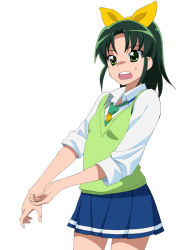 Rule 34 | 10s, 1girl, a1 (initial-g), bow, green eyes, green hair, green necktie, green sweater vest, hair bow, matching hair/eyes, midorikawa nao, necktie, open mouth, precure, school uniform, short hair, skirt, sleeves rolled up, smile precure!, solo, sweater vest