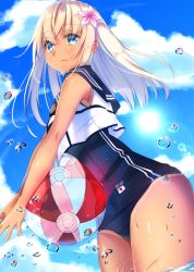 Rule 34 | 10s, 1girl, ball, beachball, blonde hair, blue eyes, blush, crop top, flower, gradient background, hair flower, hair ornament, haruno suzune, kantai collection, long hair, looking at viewer, one-piece tan, ro-500 (kancolle), sailor collar, school swimsuit, smile, solo, swimsuit, swimsuit under clothes, tan, tanline, wading, water, wet