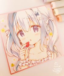 Rule 34 | 1girl, art tools in frame, azumi kazuki, bare shoulders, blue bow, blush, bow, collarbone, commentary request, dress, english text, food, fruit, grey eyes, hair between eyes, hair bow, hand up, highres, holding, holding food, long hair, looking at viewer, original, parted lips, photo (medium), sidelocks, silver hair, sleeveless, sleeveless dress, solo, strawberry, traditional media, twintails, white bow, white dress, wrist cuffs
