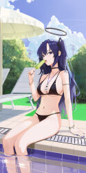 Rule 34 | 1girl, absurdres, beach chair, bikini, black bikini, black choker, blue archive, blue nails, blue sky, bracelet, breasts, choker, cloud, day, fieryonion, food, halo, highres, holding, holding food, holding popsicle, jewelry, lanyard, medium breasts, outdoors, pool, poolside, popsicle, purple eyes, purple hair, sitting, sky, soaking feet, solo, swimsuit, tongue, tongue out, two side up, water, wet, yuuka (blue archive)