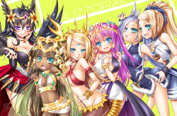 Rule 34 | 6+girls, alto seneka, animal ears, aqua eyes, bare shoulders, bastet (p&amp;d), black hair, blonde hair, blue hair, blush, bracelet, breasts, brown hair, cat ears, cat girl, chaos venus (p&amp;d), cleavage, criss-cross halter, echidna (p&amp;d), fang, female focus, green hair, groin, hair tubes, halterneck, halterneck, headdress, idunn &amp; idunna, jewelry, large breasts, long hair, looking at viewer, lots of jewelry, md5 mismatch, midriff, multicolored hair, multiple girls, nail polish, navel, open mouth, paw pose, persephone (p&amp;d), ponytail, purple eyes, purple hair, puzzle &amp; dragons, red hair, short hair, smile, tan, venus (p&amp;d), very long hair, wings