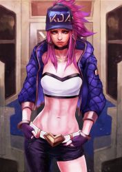 Rule 34 | 1girl, absurdres, akali, baseball cap, bracelet, breasts, cleavage, hat, highres, idol, jacket, jewelry, k/da (league of legends), k/da akali, league of legends, long hair, looking at viewer, medium breasts, midriff, monori rogue, navel, open clothes, pink hair, ponytail, purple eyes, solo, standing
