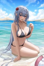 Rule 34 | 1girl, absurdres, arm support, ball, bare arms, bare shoulders, beach, beachball, bikini, black bikini, blue eyes, breasts, cleavage, closed mouth, collarbone, commission, day, flower, grey hair, hair flower, hair ornament, halterneck, hand up, highres, large breasts, long hair, looking at viewer, naughty face, navel, ocean, original, outdoors, pucohiiiii, rose, second-party source, sitting, skindentation, smile, solo, stomach, strap pull, string bikini, sweatdrop, swimsuit, thighs, tongue, tongue out, very long hair, yokozuwari