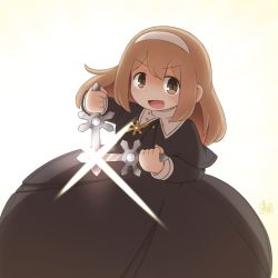 Rule 34 | 1girl, :d, black capelet, black dress, brown background, brown eyes, brown hair, capelet, commentary request, copyright request, dress, dual wielding, glint, gradient background, hairband, holding, kitagawa sui, long hair, long sleeves, looking at viewer, nun, open mouth, smile, solo, traditional nun, v-shaped eyebrows, white background, white hairband