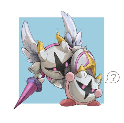 Rule 34 | ?, armor, blue background, border, colored skin, galacta knight, highres, holding, holding shield, kirby, kirby (series), lance, looking at another, mask, nintendo, no humans, outside border, pauldrons, pink skin, polearm, purple eyes, shield, shoulder armor, trade-wind, weapon, white border, wings