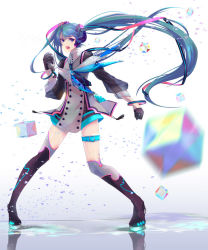 Rule 34 | &gt;:d, 1girl, :d, aqua eyes, aqua hair, belt, black thighhighs, blue hair, blurry, bracelet, buttons, contrapposto, cube, depth of field, gloves, hair ornament, hair ribbon, hatsune miku, holding, holding microphone, hoshima, jewelry, leg belt, long hair, magical mirai (vocaloid), magical mirai miku, magical mirai miku (2015), microphone, motion blur, music, open mouth, reflection, ribbon, singing, smile, solo, standing, thigh strap, thighhighs, twintails, v-shaped eyebrows, very long hair, vocaloid