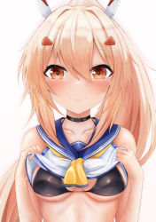 Rule 34 | 1girl, absurdres, ayanami (azur lane), azur lane, bare arms, bare shoulders, bikini, black bikini, black choker, blonde hair, blush, brown eyes, choker, closed mouth, clothes lift, collarbone, commentary request, hair between eyes, hair intakes, hair ornament, hairclip, headgear, highres, lifted by self, long hair, looking at viewer, ponytail, retrofit (azur lane), ryara, shirt, shirt lift, simple background, smile, solo, swimsuit, upper body, white background, white shirt