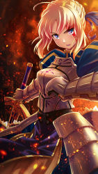 Rule 34 | 1girl, ahoge, armor, armored dress, artoria pendragon (fate), blonde hair, blood, blood on face, blue eyes, dress, excalibur (fate/stay night), fate/stay night, fate (series), fire, gauntlets, highres, holding, holding weapon, looking at viewer, open mouth, saber (fate), solo, sword, uzushiopawn, weapon