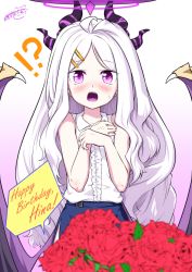 Rule 34 | !?, 1girl, :o, birthday, blue archive, blurry, blush, bouquet, commentary request, demon girl, demon horns, demon wings, depth of field, english text, flower, hair ornament, hairclip, halo, happy birthday, highres, hina (blue archive), horns, long hair, looking at viewer, matatabi (karukan222), purple eyes, rose, side slit, sidelocks, solo, speech bubble, surprised, white hair, wings