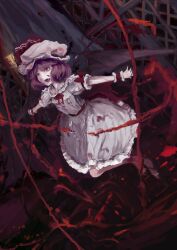 Rule 34 | 1girl, absurdres, commentary, dark background, dress, english commentary, fangs, frilled dress, frilled sleeves, frills, full body, hat, highres, mixed-language commentary, mob cap, outstretched arms, puffy short sleeves, puffy sleeves, purple hair, red background, red eyes, remilia scarlet, short sleeves, sinzan, solo, teeth, touhou, wrist cuffs