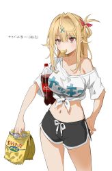 Rule 34 | 1girl, alternate costume, alternate hairstyle, blonde hair, breasts, chips (food), coca-cola, commentary request, eating, food, h (eitilog), hair ornament, hair ribbon, heterochromia, highres, hoshikawa sara, large breasts, midriff, navel, nijisanji, potato chips, red eyes, ribbon, shirt, solo, tied shirt, translation request, virtual youtuber, white background, x hair ornament, yellow eyes