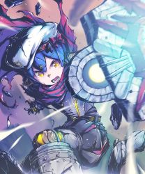 Rule 34 | 1girl, android, blush, cannon, gloves, hat, highres, joints, long hair, looking at viewer, mecha musume, nanakusa, nintendo, orange eyes, poppi (xenoblade), poppi alpha (xenoblade), purple hair, robot joints, short hair, simple background, solo, twintails, xenoblade chronicles (series), xenoblade chronicles 2, yellow eyes