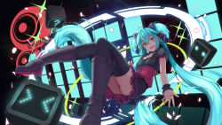Rule 34 | 1/6 -out of the gravity- (vocaloid), 1girl, aqua eyes, aqua hair, black dress, boots, copyright name, dress, hatsune miku, highres, long hair, looking at viewer, maru (maru1625), open mouth, solo, thighhighs, twintails, very long hair, vocaloid