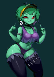 Rule 34 | 1girl, bare shoulders, breasts, choker, cleavage, earrings, green hair, green skirt, groin, half-closed eyes, higher resolution available, highres, hip focus, index finger raised, jewelry, large breasts, looking at viewer, navel, panties, purple panties, red eyes, rottytops, shantae (series), short hair, skindentation, skirt, skull earrings, smile, someiku, stomach, tank top, thick thighs, thighhighs, thighs, torn clothes, undead, underwear, visor cap, wide hips