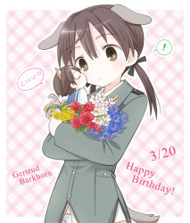 Rule 34 | !, 2girls, animal ears, bad id, bad pixiv id, brown eyes, brown hair, character name, daffodil, daisy, english text, flower, gertrud barkhorn, happy birthday, heart, kiss, lily of the valley, military, military uniform, miyafuji yoshika, multiple girls, outline, outside border, panties, plaid, plaid background, red flower, red rose, rose, strike witches, tail, tamaki (209), twintails, underwear, uniform, white panties, world witches series, yuri