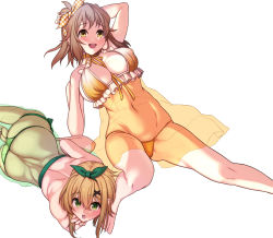 2girls :d :o akatsuki_kirika arm_behind_head ass between_breasts bikini bow breasts brown_hair butt_crack covered_navel crossed_bangs dress green_eyes hair_bow hairband large_breasts light_blush looking_at_viewer lying medium_hair multiple_girls neck_ribbon on_side open_mouth orange_ribbon polka_dot polka_dot_bow ribbon see-through_clothes see-through_dress senki_zesshou_symphogear shimantogawa sleeveless sleeveless_dress smile spaghetti_strap swimsuit tachibana_hibiki_(symphogear) yellow_eyes