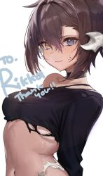 Rule 34 | 1girl, arms behind back, au ra, warrior of light (ff14), black choker, blue eyes, breasts, brown hair, choker, commission, crop top, cyobiro, dragon girl, dragon horns, final fantasy, final fantasy xiv, freckles, hair between eyes, heterochromia, horns, long sleeves, medium breasts, navel, scales, shirt, skeb commission, smile, solo, sweat, thank you, torn clothes, torn shirt, upper body, white background, yellow eyes