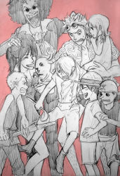 Rule 34 | 2girls, 6+boys, age difference, aged down, breasts, brook (one piece), carrying, carrying person, child, cleavage, closed mouth, color background, dress, everyone, feet, feet out of frame, franky (one piece), full body, goggles, goggles on head, greyscale with colored background, hairy legs, hand on another&#039;s head, happy, hat, holding, holding weapon, laughing, lips, long nose, lowres, monkey d. luffy, monochrome, multiple boys, multiple girls, nami (one piece), nico robin, nose, one piece, open mouth, pink theme, ponytail, red background, roronoa zoro, sanji (one piece), sanpaku, shirt, short hair, short sleeves, shorts, sketch, sleeveless, sleeveless dress, sleeveless shirt, smile, spot color, straw hat, sweatdrop, tareme, time paradox, tony tony chopper, traditional media, usopp, v-shaped eyebrows, very short hair, weapon