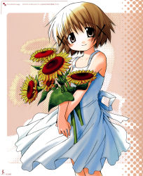 Rule 34 | 00s, 1girl, absurdres, aoki ume, bare arms, blush, brown eyes, brown hair, dress, flower, hair ornament, hairclip, halftone, halftone background, hidamari sketch, highres, looking at viewer, official art, pink background, scan, short hair, sleeveless, sleeveless dress, smile, solo, sundress, sunflower, v arms, x hair ornament, yuno (hidamari sketch)