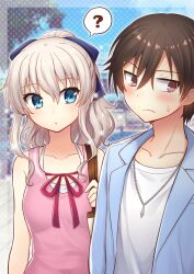 Rule 34 | 1boy, 1girl, :/, ?, alternate costume, arm at side, bag, blue shirt, blue sky, blurry, blush, bow, breasts, brown eyes, brown hair, charlotte (anime), closed mouth, collarbone, commentary request, commission, day, depth of field, expressionless, frown, grey hair, hair between eyes, hair bow, handbag, head tilt, jewelry, looking to the side, nakamura hinato, necklace, open clothes, open shirt, otosaka yuu, outdoors, pink shirt, polka dot, polka dot background, ponytail, red ribbon, revision, ribbon, shirt, shirt under shirt, shy, sideways glance, sky, sleeveless, sleeveless shirt, small breasts, sparkle, spoken question mark, sweatdrop, tomori nao, tree, upper body, white shirt