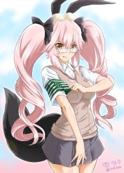 Rule 34 | 1girl, animal ears, armband, artist name, black border, border, bow, brown sweater, closed mouth, commentary request, cosplay, cowboy shot, diesel-turbo, dress shirt, drill hair, fang, fate/grand order, fate (series), female focus, fox tail, glasses, green armband, grey skirt, hair bow, highres, judgment (toaru), koyanskaya (fate), long hair, looking at viewer, miniskirt, partial commentary, pink hair, pleated skirt, rabbit ears, school uniform, shirai kuroko, shirai kuroko (cosplay), shirt, short sleeves, skirt, smile, solo, standing, sweater, sweater vest, tail, tamamo (fate), toaru majutsu no index, tokiwadai school uniform, twintails, twitter username, v-neck, white-framed eyewear, white shirt, wing collar, yellow eyes