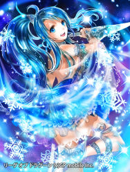 Rule 34 | 1girl, :d, arm strap, backless dress, backless outfit, blue dress, blue eyes, blue hair, breasts, bug, butterfly, copyright name, copyright request, dress, floating hair, from side, head tilt, high ponytail, holding, holding weapon, insect, large breasts, leg up, long hair, open mouth, rioka (southern blue sky), see-through, short dress, sideboob, smile, snowflakes, solo, sparkle, standing, standing on one leg, thighlet, very long hair, weapon