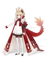 Rule 34 | 1girl, blonde hair, boots, braid, cape, crown, dragon tail, dress, expressionless, facial mark, fate/grand order, fate (series), french braid, full body, hair bun, highres, long hair, looking at viewer, nekohanemocha, nero claudius (fate), nero claudius (fate) (all), queen draco (fate), red cape, red eyes, scales, simple background, solo, tail, thigh boots, white background, white dress
