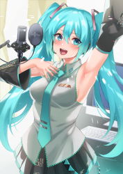 Rule 34 | 1girl, aqua eyes, aqua hair, aqua necktie, arm up, armpits, breasts, computer, detached sleeves, grey shirt, hatsune miku, highres, inue ao, long hair, looking at viewer, medium breasts, microphone, necktie, open mouth, shirt, skirt, sleeveless, smile, solo, twintails, very long hair, vocaloid