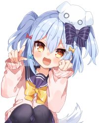 Rule 34 | 1boy, :3, :d, absurdres, animal hat, bad id, bad pixiv id, black thighhighs, blue hair, blush, bow, bowtie, buttons, cardigan, dog hat, dog tail, fang, gradient eyes, hair between eyes, hair bow, hair ornament, hat, head on hand, highres, huge filesize, inuyama tamaki, long sleeves, looking at viewer, male focus, medium hair, multicolored eyes, noi mine, noripro, open mouth, orange eyes, pink sweater, pointing, pointing at viewer, sailor collar, school uniform, serafuku, simple background, skirt, sleeves past wrists, smile, solo, squatting, striped, striped bow, sweater, tail, thighhighs, trap, two side up, virtual youtuber, white background, white hat, yellow bow, yellow eyes