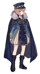 Rule 34 | 1girl, alternate costume, artoria pendragon (all), artoria pendragon (fate), black cape, black footwear, black hat, blonde hair, blue jacket, boots, cape, commentary request, costume request, fate (series), full body, fur collar, gloves, green eyes, hair ribbon, hat, highres, jacket, long sleeves, machi (uqyjee), purple ribbon, ribbon, saber (fate), simple background, skirt, solo, white background, white gloves, white skirt