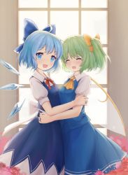 Rule 34 | 2girls, :d, ascot, blue bow, blue dress, blue eyes, blue hair, bow, cirno, closed eyes, collared shirt, daiyousei, dress, fairy wings, from side, god mang, green hair, hair bow, hug, ice, ice wings, indoors, looking at viewer, multiple girls, open mouth, pinafore dress, shirt, short hair, short sleeves, side ponytail, sleeveless dress, smile, standing, touhou, white shirt, window, wings, yellow ascot, yellow bow