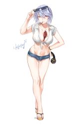 Rule 34 | 1girl, adjusting eyewear, bare legs, between breasts, blue hair, box, breasts, cleavage, clenched teeth, collarbone, commentary request, crop top, deal with it (meme), denim, denim shorts, eyewear on head, food, food in mouth, front-tie top, full body, girls&#039; frontline, groin, hair between eyes, hand on own hip, hand up, headphones, highres, holding, holding headphones, korean commentary, large breasts, looking at viewer, meme, midriff, mouth hold, navel, pocky, red eyes, sandals, shan, shirt, short hair, short shorts, short sleeves, shorts, signature, simple background, solo, standing, stomach, sunglasses, teeth, thighs, thompson (girls&#039; frontline), tied shirt, uneven eyes, v-shaped eyebrows, white background, white shirt, wing collar, wristband, yellow footwear