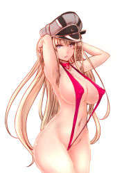 Rule 34 | 10s, 1girl, armpits, arms up, bikini, bismarck (kancolle), blonde hair, blue eyes, breasts, covered erect nipples, dearmybrothers, hat, kantai collection, large breasts, long hair, pink bikini, richelieu (azur lane), sailor hat, slingshot swimsuit, solo, swimsuit, very long hair