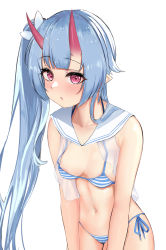 Rule 34 | 1girl, absurdres, akamashi, areola slip, bikini, blue archive, blue hair, blush, breasts, chise (blue archive), chise (swimsuit) (blue archive), flower, hair flower, hair ornament, highres, horns, long hair, looking at viewer, navel, oni horns, parted lips, pointy ears, red eyes, sailor collar, side-tie bikini bottom, side ponytail, small breasts, solo, striped bikini, striped clothes, swimsuit, very long hair, white background