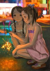 Rule 34 | 1other, 2girls, bangs pinned back, bare arms, blurry, blurry background, braid, brown eyes, brown hair, collarbone, depth of field, dress, dress flower, fireworks, flat chest, flower, full body, hair bobbles, hair ornament, hair over shoulder, hands on own knees, holding, holding fireworks, long hair, looking at object, looking at viewer, multiple girls, murata range, original, out of frame, outdoors, parted bangs, pink dress, purple flower, sandals, senkou hanabi, short dress, sleeveless, sleeveless dress, smile, sparkler, squatting, sundress, twin braids, two side up, white dress