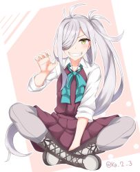 Rule 34 | 1girl, absurdres, ahoge, asashimo (kancolle), boots, cross-laced footwear, curled fingers, grey eyes, grey pantyhose, grin, hair over one eye, halterneck, highres, ibuki grunt, indian style, kantai collection, lace-up boots, long hair, looking at viewer, pantyhose, pink background, ponytail, school uniform, shirt, silver hair, sitting, sleeves rolled up, smile, solo, two-tone background, white background, white shirt
